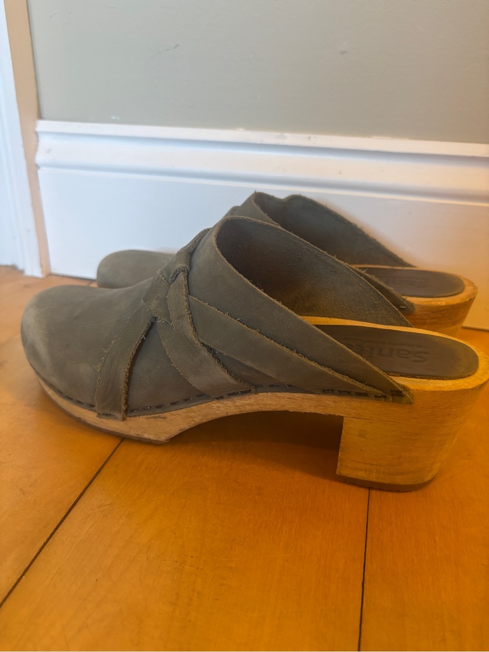 Sanita Olive Green Suede Slip-On Clogs with Wood Heel